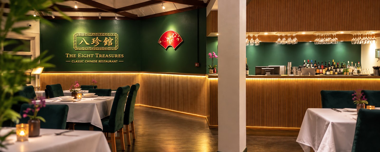 Atmospheric dining setting and traditional Chinese culinary banquet at The Eight Treasures